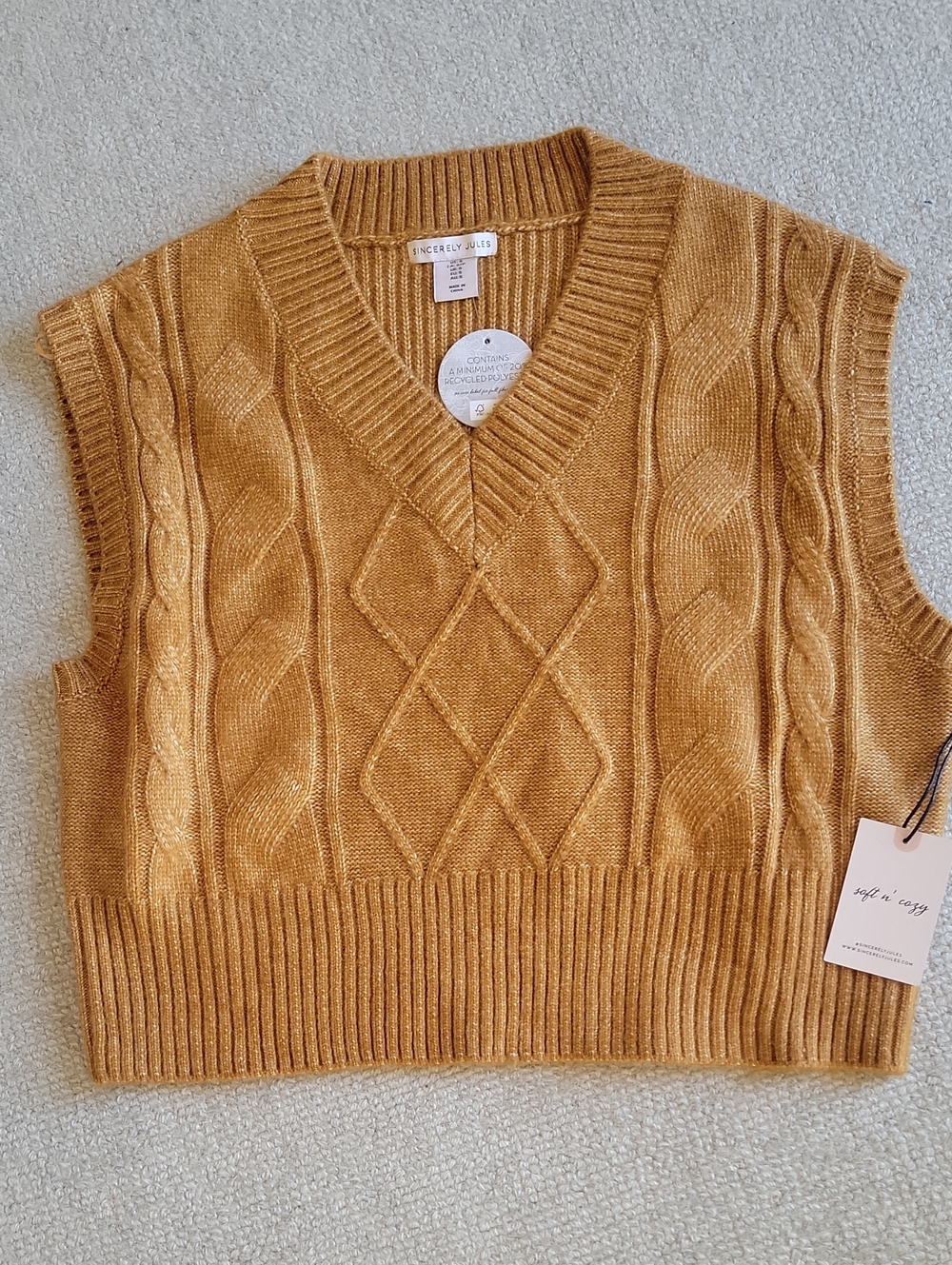 Sincerely Jules Mustard Cable Knit V-Neck Sweater Vest Oversized Modern Boxy